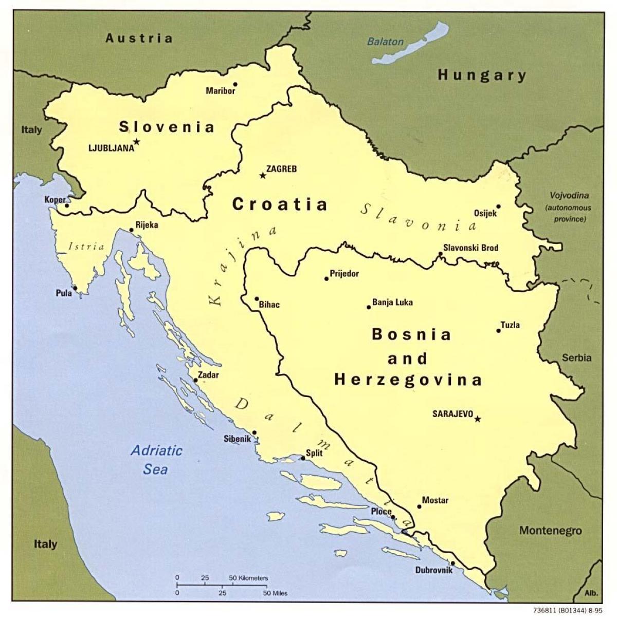 kort af Bosníu og Herzegóvínu og nærliggjandi löndum